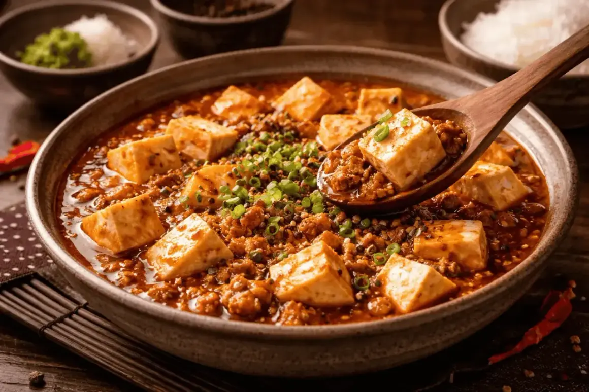 En sked lyfter upp en bit mapo tofu ur en skål med kryddig gryta, toppad med salladslök.