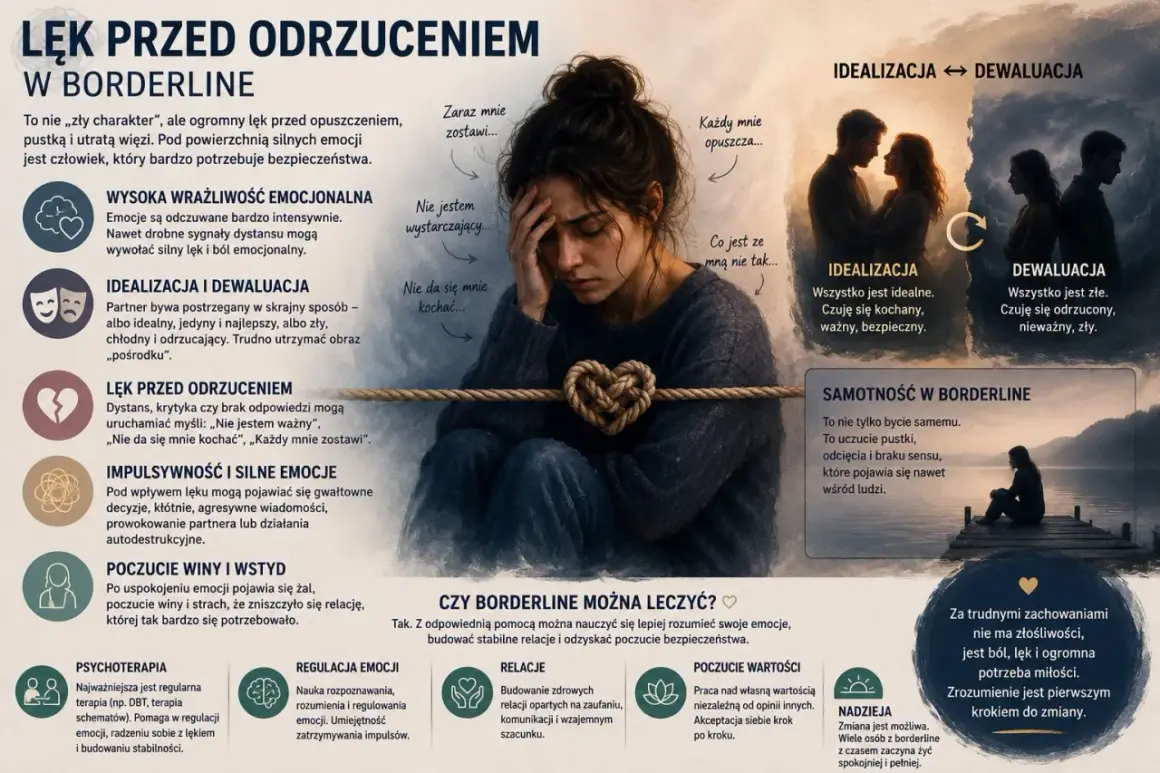 Kobieta z sercem z liny, symbolizująca lęk przed odrzuceniem w borderline. Obraz opisuje trudności w relacjach, idealizację i dewaluację partnera, impulsywność i samotność.
