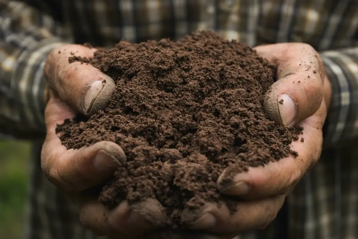 Mani sporche tengono terra fertile, un promemoria delle conseguenze dell'inquinamento del suolo sulla nostra salute e sul futuro.