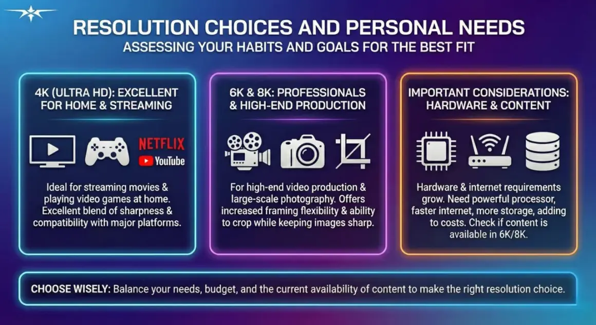 Choosing the right tv resolution: 4K for home streaming & gaming, 6K/8K for professionals. Consider hardware & content availability.