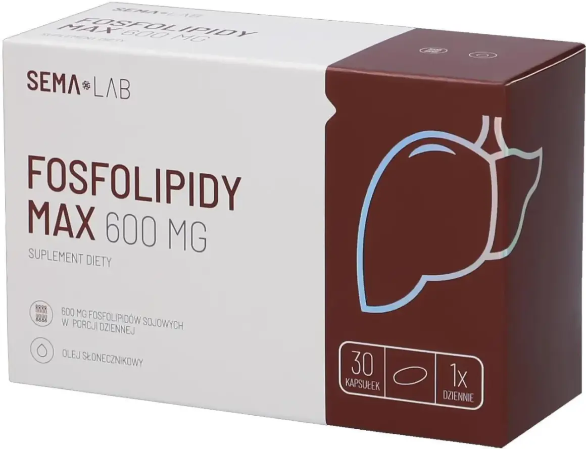 Opakowanie suplementu diety "Fosfolipidy MAX 600 mg" od SEMA LAB. Zawiera 600 mg fosfolipidów sojowych w porcji dziennej.