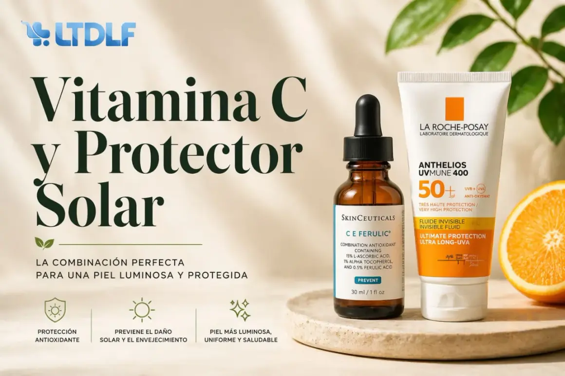 Vitamina C y protector solar: la combinación perfecta. Protege tu piel del sol y el envejecimiento, evitando que la vitamina C manche la piel con el sol.