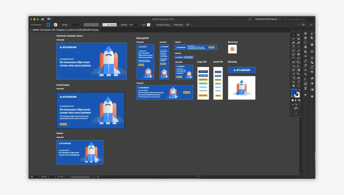 Illustrator workspace showing various banner ad templates with rocket illustrations, demonstrating how to create a font in Illustrator for ad copy.