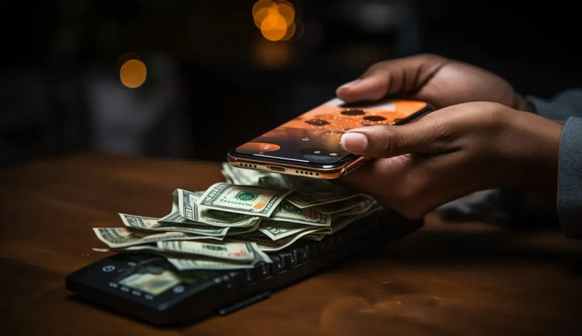 Dłonie trzymają smartfon nad stosem banknotów leżących na terminalu płatniczym. To przykład, jak działa autoryzacja co to jest w płatnościach zbliżeniowych.