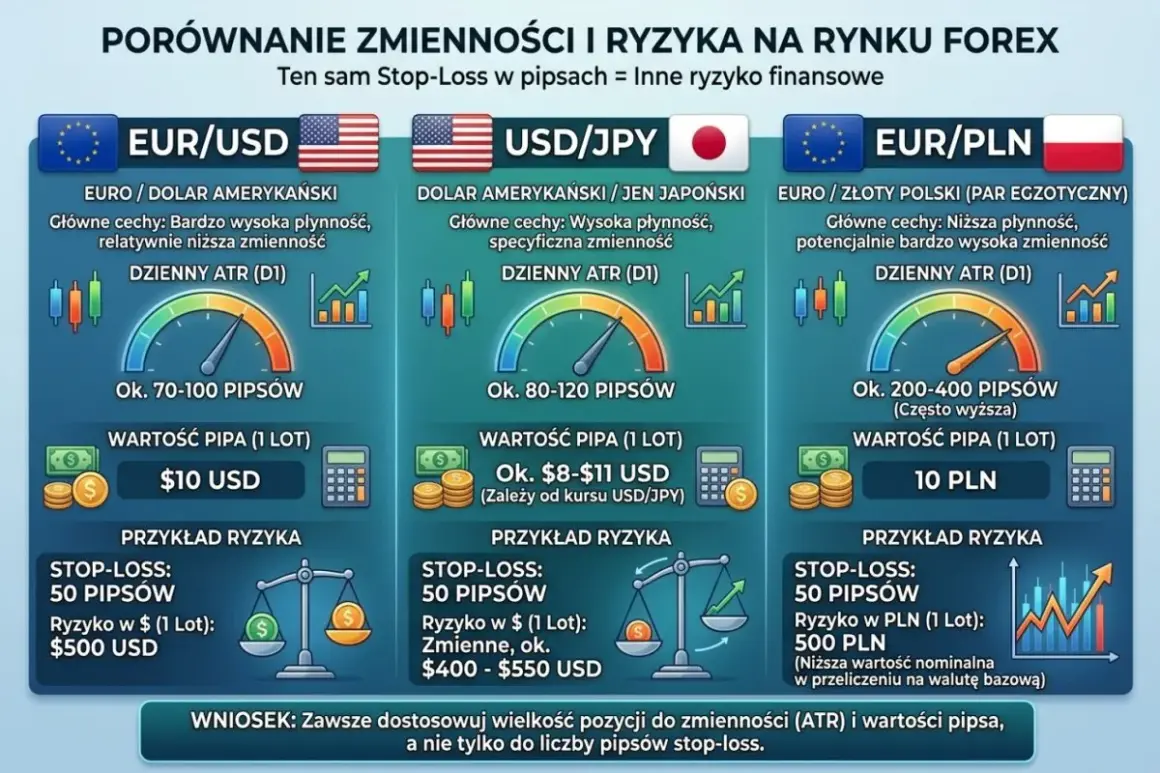 Porównanie zmienności i ryzyka na rynku Forex. Ten sam Stop-Loss w pipsach = inne ryzyko finansowe. EUR/USD, USD/JPY, EUR/PLN.