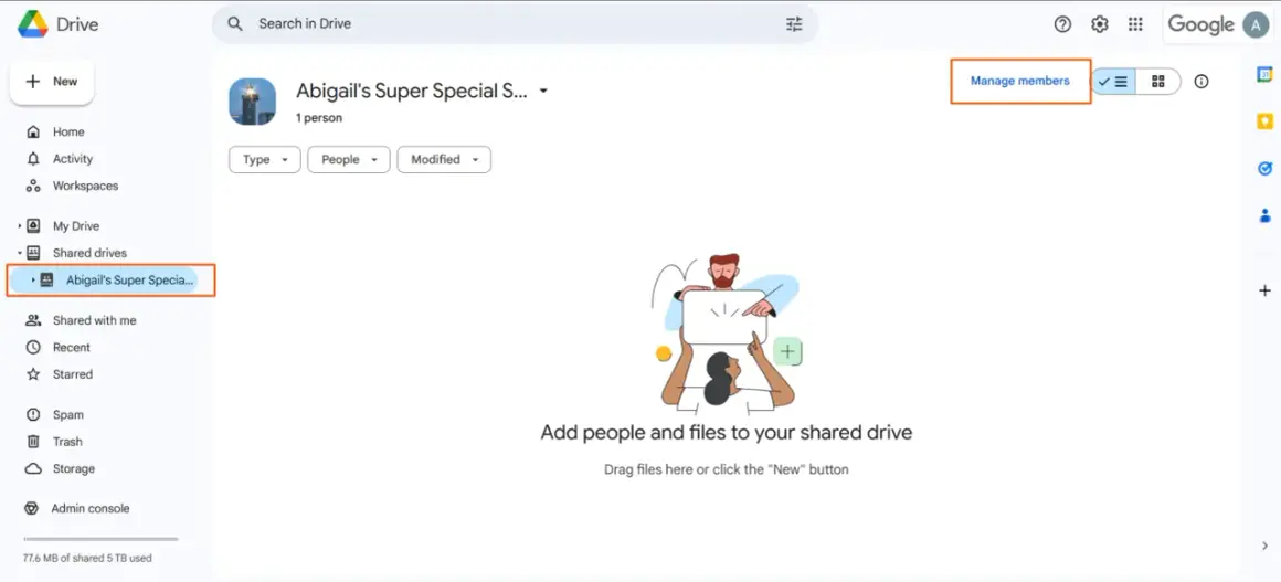 Google Drive interface showing "Abigail's Super Special S..." shared drive. Click "Manage members" to learn how to add to a shared Google Drive.