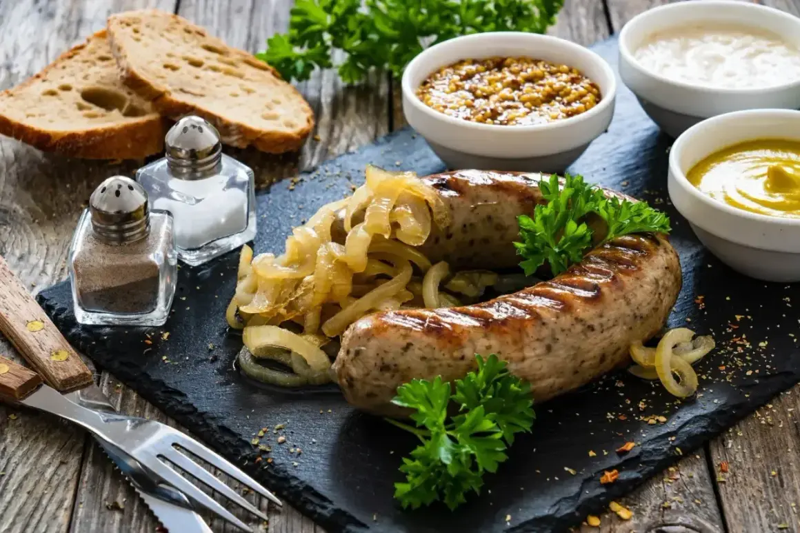 Pyszna biała kiełbasa pieczona w cebuli i musztardzie, podana z chlebem i sosami.