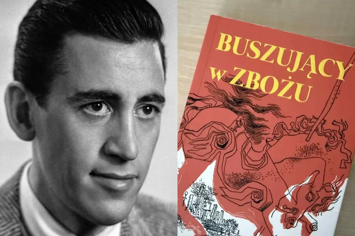 Portret mężczyzny obok okładki książki "Buszujący w zbożu" z dynamiczną ilustracją.