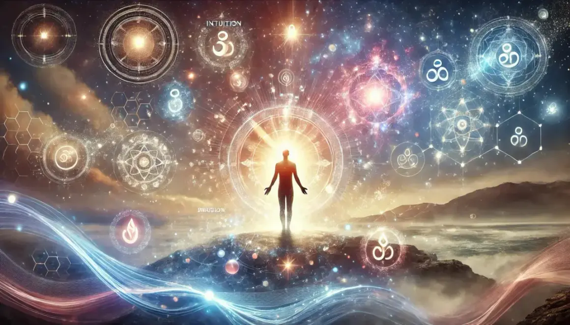 Mensch im Licht, umgeben von kosmischen Symbolen, die spirituelle Gaben erkennen lassen. Intuition und universelle Energien fließen.