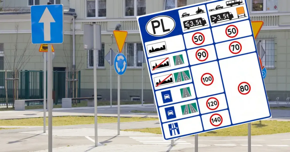 Na placu manewrowym widać wiele znaków drogowych: nakaz jazdy prosto, znak ostrzegawczy, znak ronda, a także tablicę z ograniczeniami prędkości.