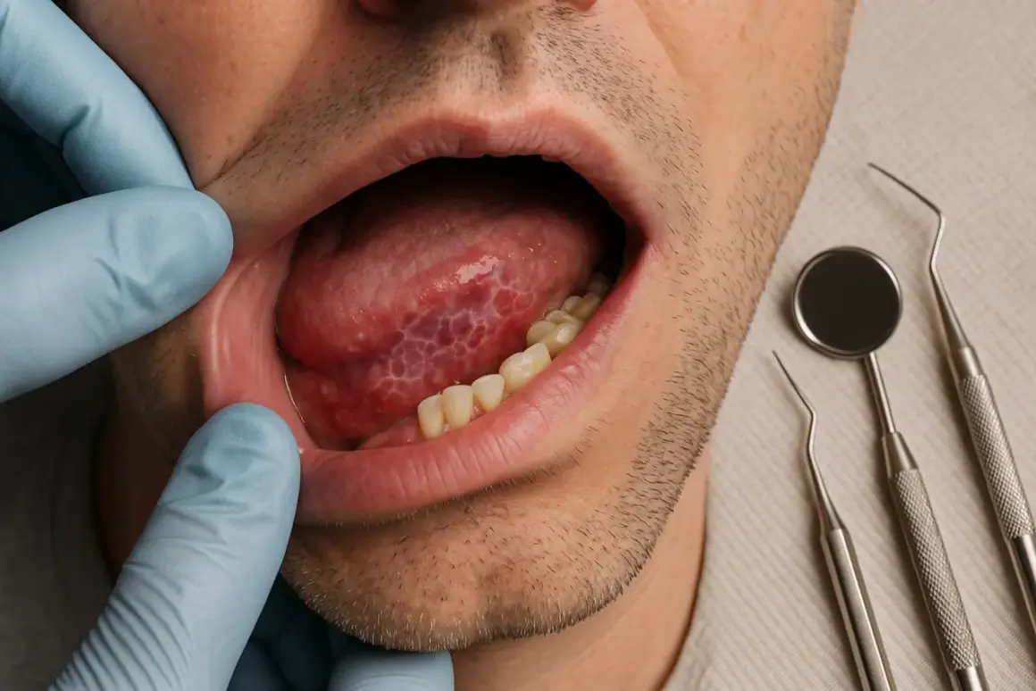 Boca abierta con lengua de fumador, mostrando un patrón reticulado rojizo. Guantes azules y herramientas dentales a la derecha.