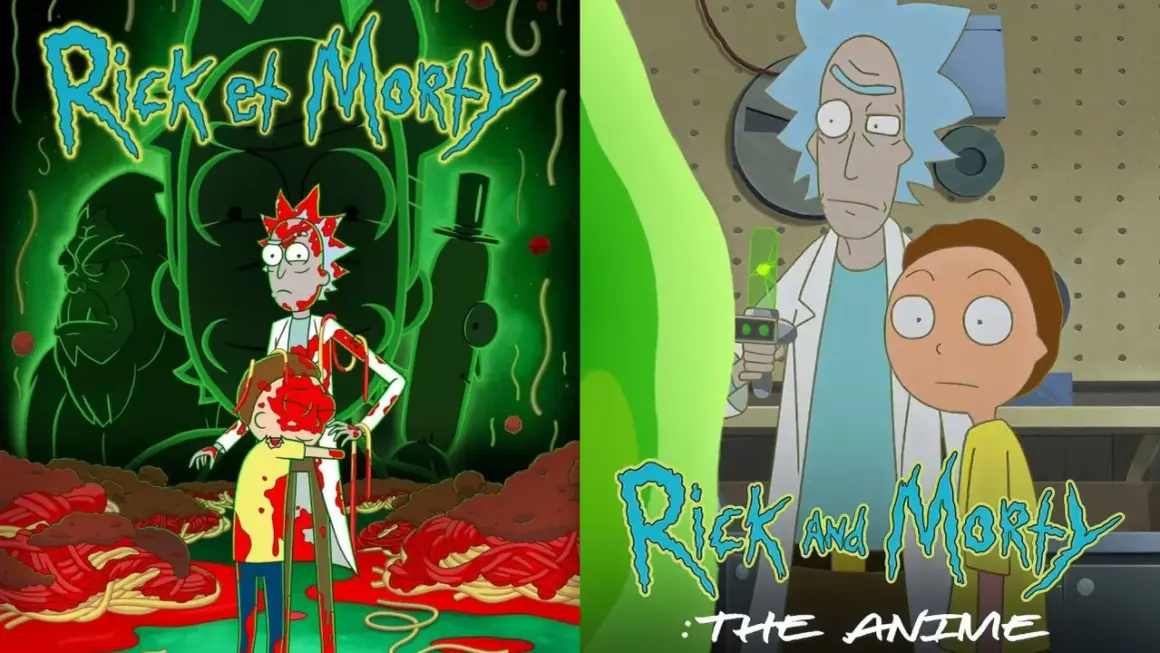 Rick und Morty Staffel 8: Rick und Morty im Anime-Stil, umgeben von Spaghetti und einer grünen, unheimlichen Atmosphäre.