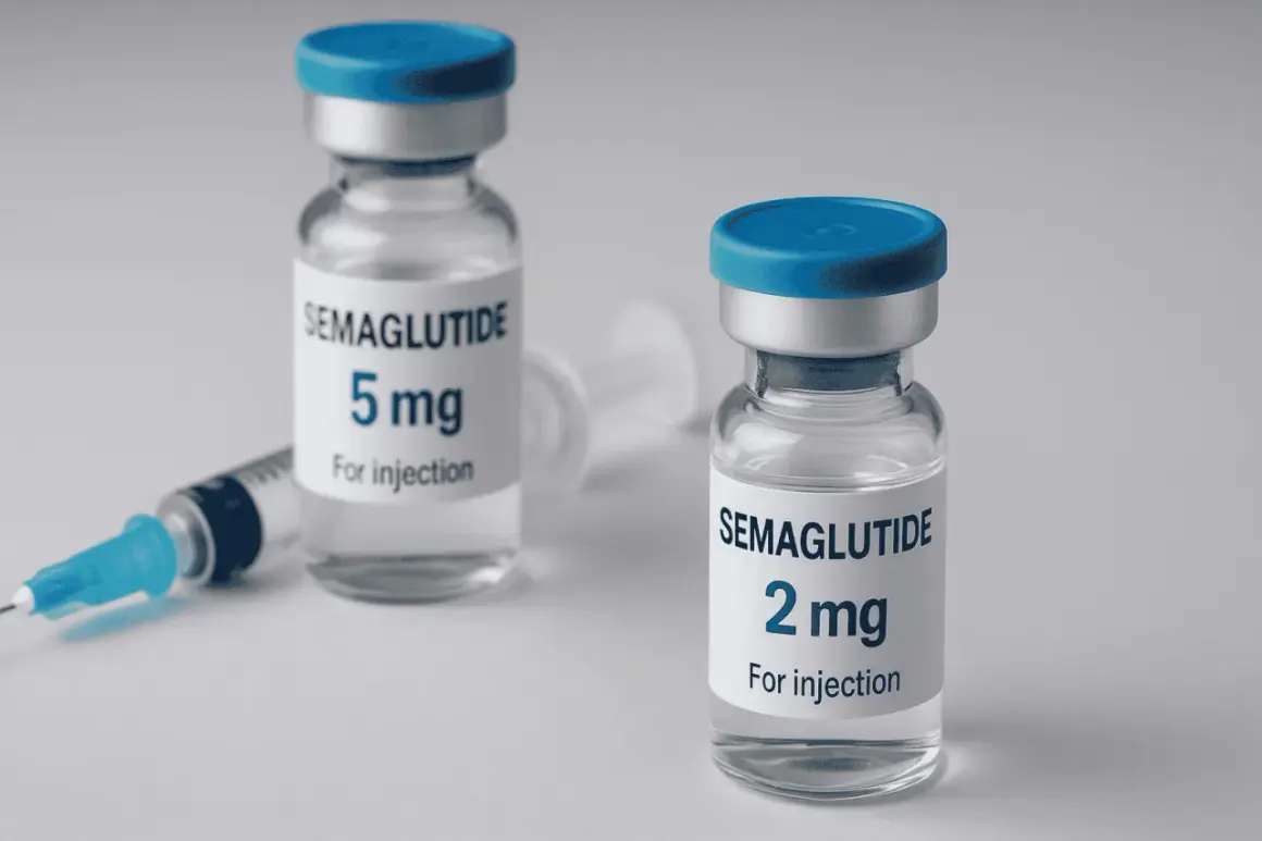 Dwie fiolki z lekiem semaglutyd (5 mg i 2 mg) oraz strzykawka.