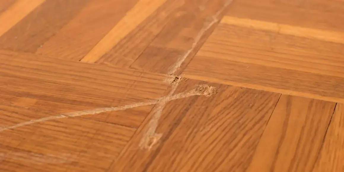 Gros plan sur un parquet en bois avec une rayure profonde et des éclats, témoignant d'une usure du temps.