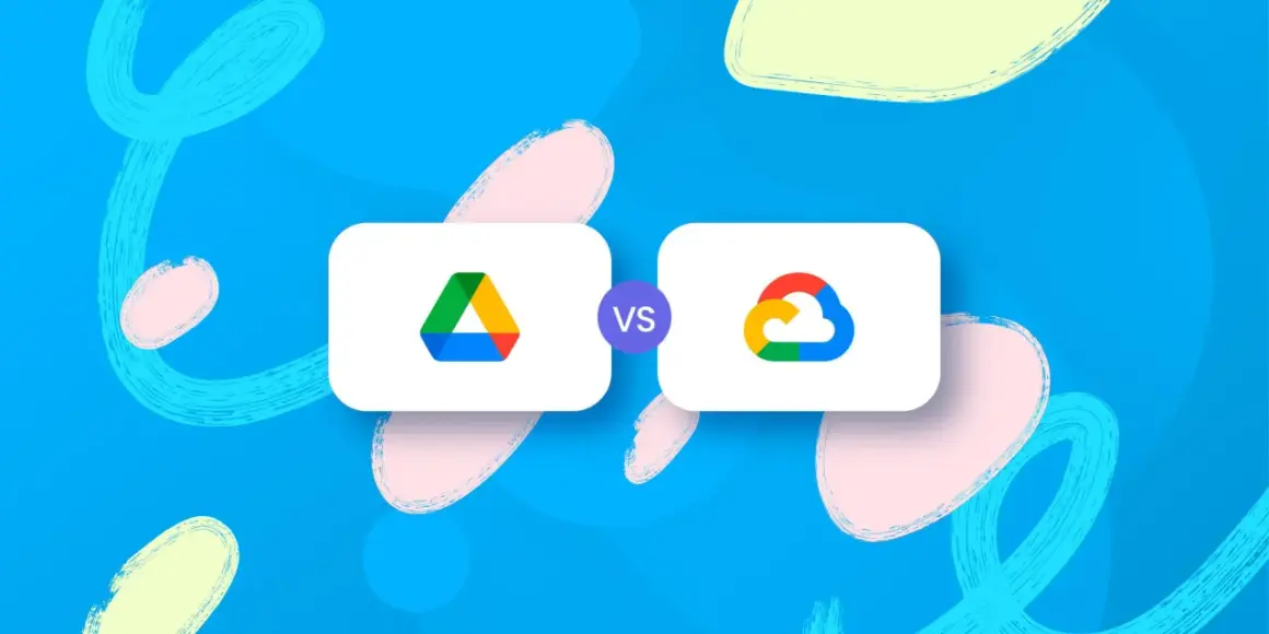 Google Cloud vs Google Drive: logos of Google Drive and Google Cloud are displayed side-by-side on a blue background with colorful abstract shapes.