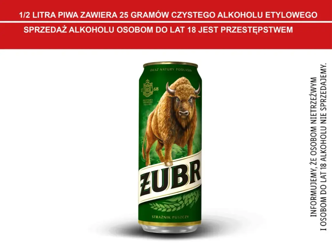 Puszczański Żubr na puszce piwa. 1/2 litra piwa Żubr zawiera 25g czystego alkoholu. Sprzedaż alkoholu osobom do lat 18 jest przestępstwem.