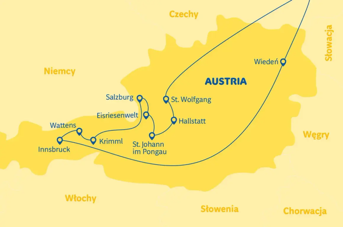 Mapa Austrii z zaznaczoną trasą objazdową przez miasta takie jak Wiedeń, Salzburg, Hallstatt i Innsbruck.