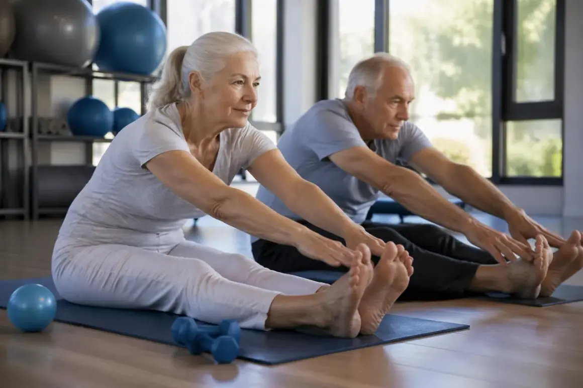 Un couple senior pratique le pilates, une activité idéale pour les femmes de 60 ans et plus, pour rester souple et en forme.