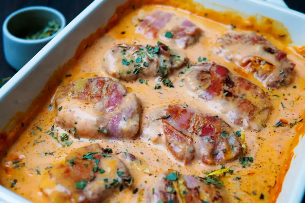 Saftiges schweinefilet im speckmantel, in cremiger Sauce mit Kräutern verfeinert. Ein Genuss für jeden Gaumen.