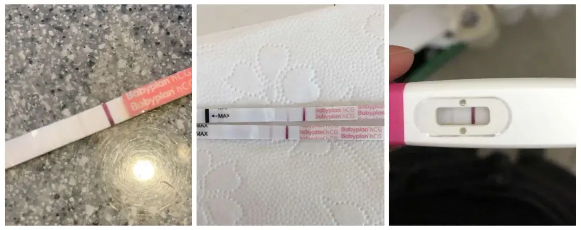 Tre positiva tidiga graviditetstest visar två rosa streck.