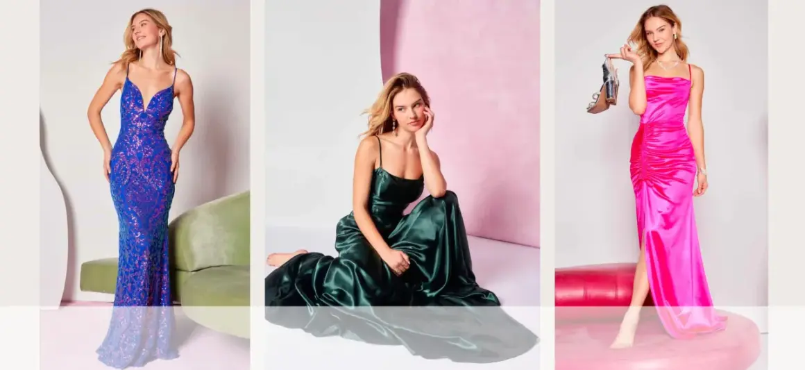 Drei Frauen in eleganten Abendkleidern: blau-glitzernd, smaragdgrün und pink.