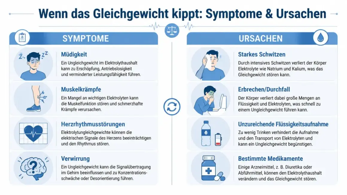 Infografik zeigt, was sind Elektrolyte und welche Symptome und Ursachen bei einem Ungleichgewicht auftreten, z.B. Müdigkeit, Krämpfe, Schwitzen.