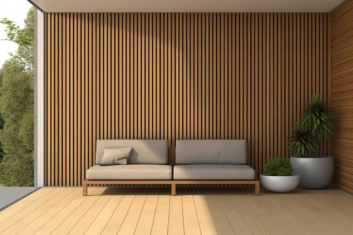 Nowoczesny salon z lamelem na ścianie, wygodna sofa i rośliny tworzą przytulną przestrzeń.
