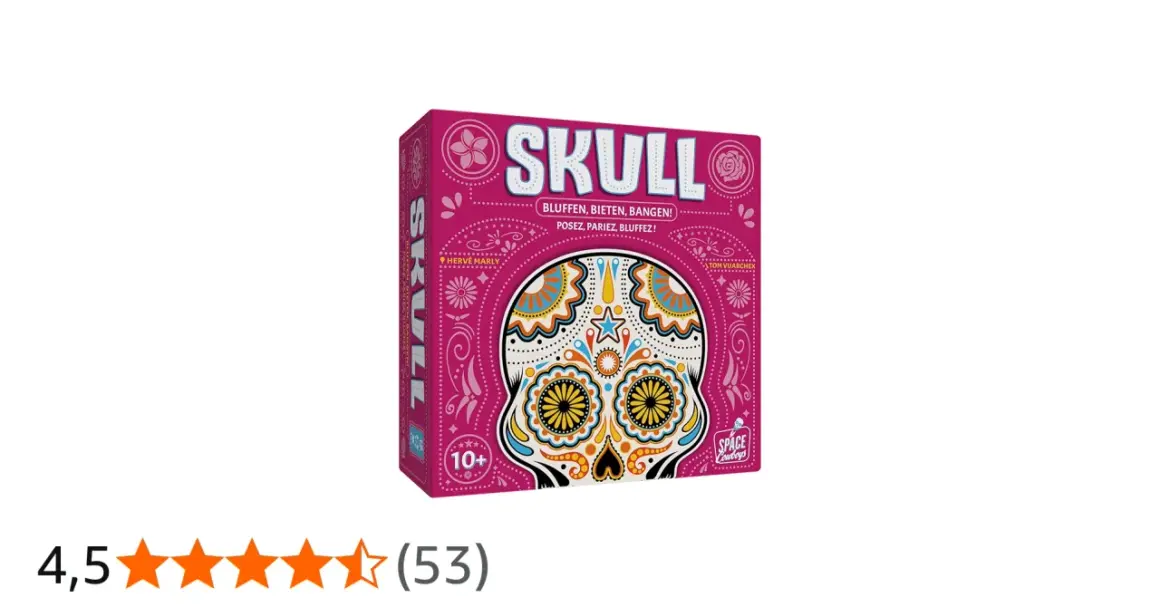 Pudełko gry karcianej "Skull" w kolorze fuksji z ozdobną czaszką. Idealna na wieczory z przyjaciółmi, gdzie liczy się blef i strategia.