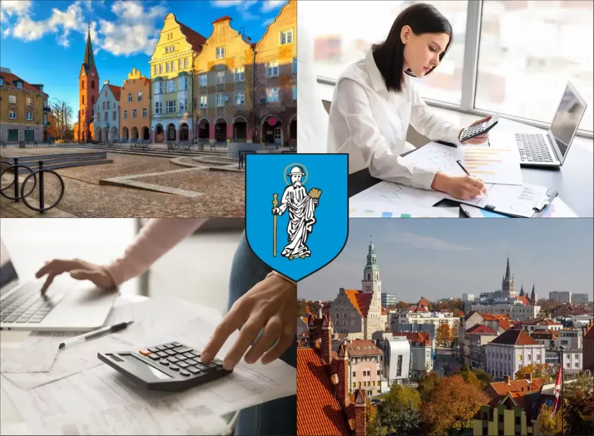 Kolaż: Rynek w Olsztynie, kobieta z kalkulatorem i laptopem, herb miasta, panorama Olsztyna.