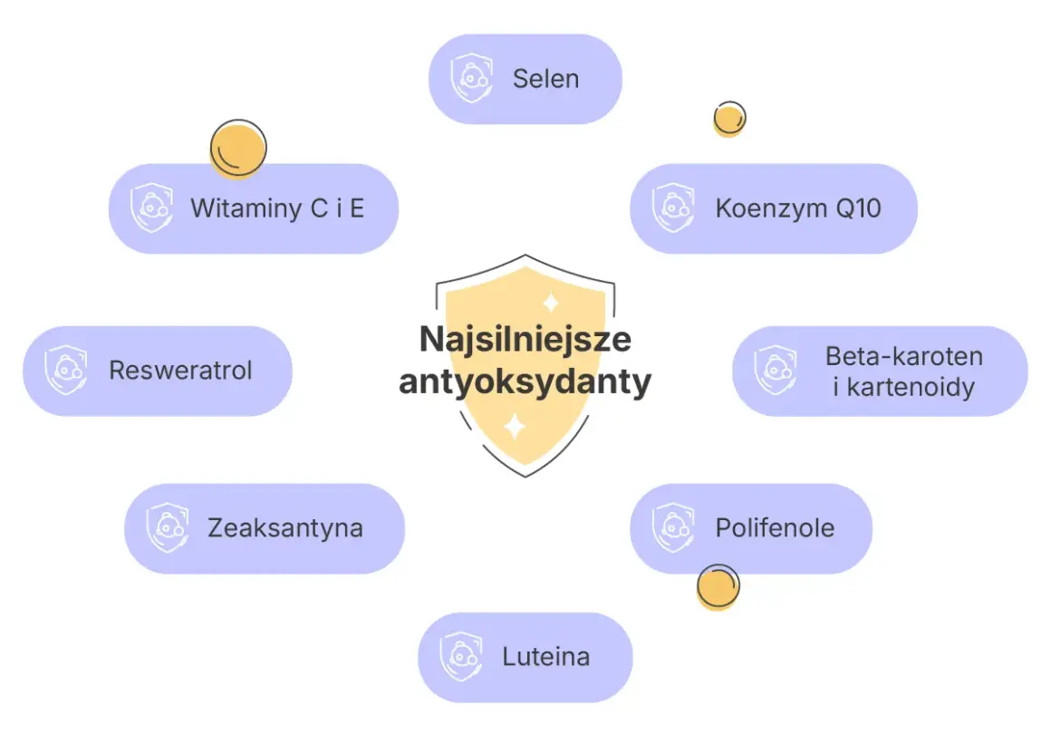 Diagram przedstawia co to są antyoksydanty, wymieniając m.in. witaminy C i E, selen, koenzym Q10, beta-karoten, luteinę.