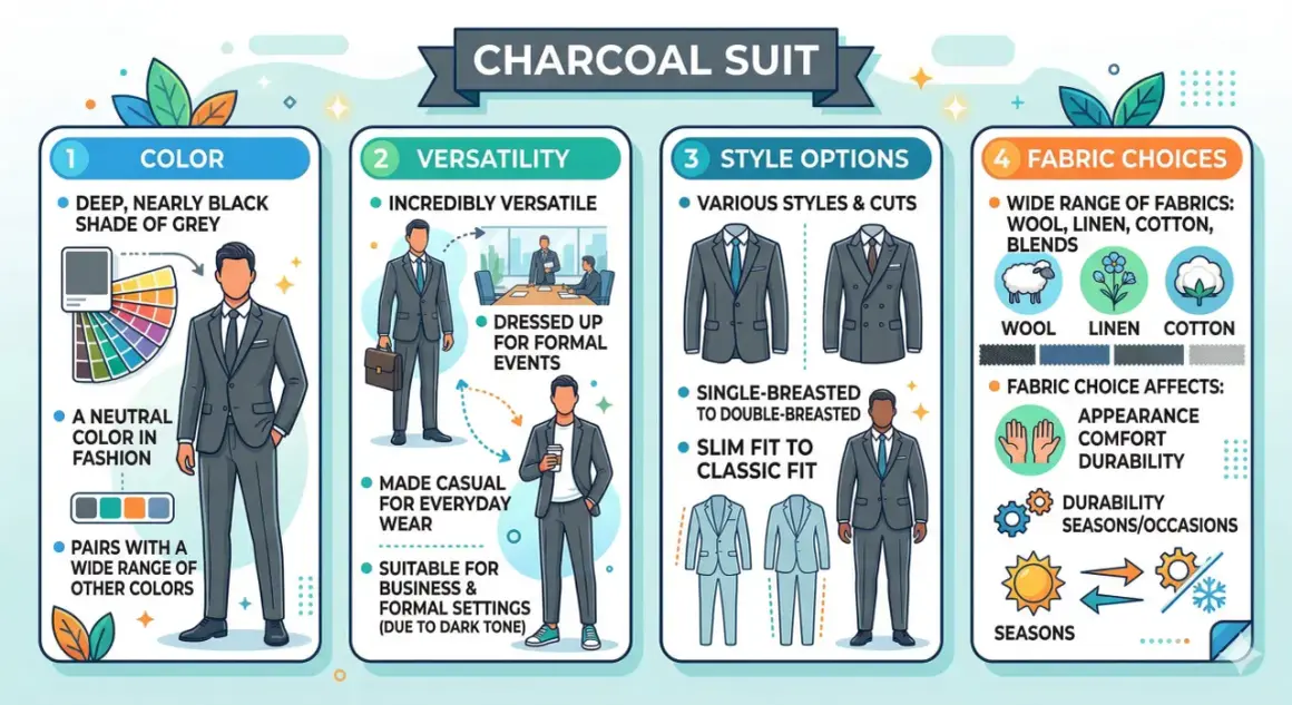 Il colore antracite si abbina a tutto: un completo versatile per ogni occasione, dal formale al casual, con diverse opzioni di stile e tessuto.
