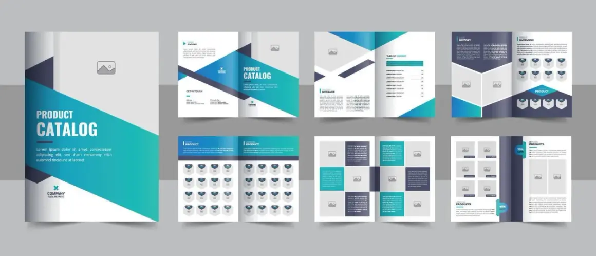 A modern product catalog template featuring a striking teal and navy design. This template showcases various layouts for product listings, company history, and featured items.