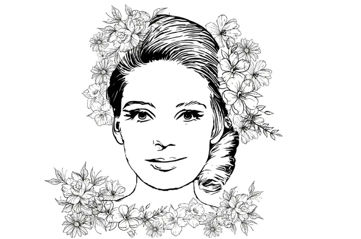 Portret kobiety ozdobiony kwiatami, idealny jako szablon portret wiosny kolorowanka.
