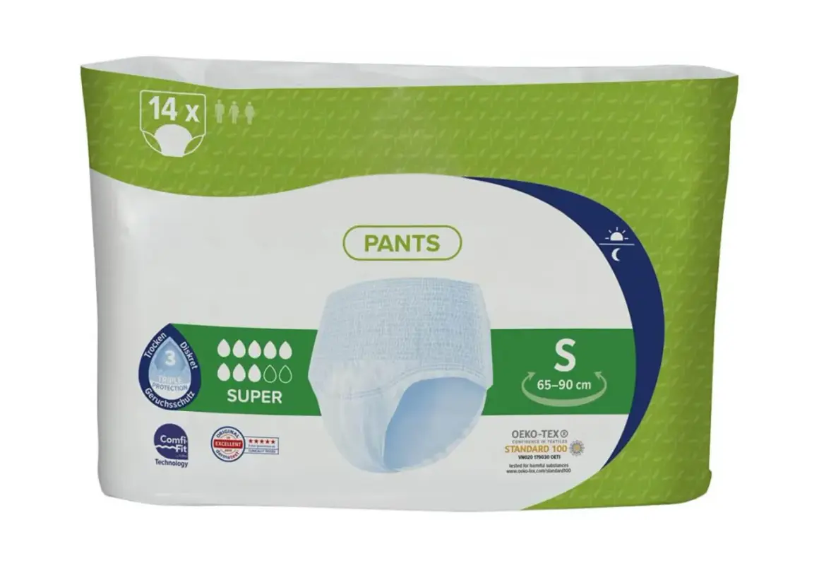 Verpackung mit 14 Stück Inkontinenz Pants, Größe S (65-90 cm), für diskreten Schutz und Trockenheit.