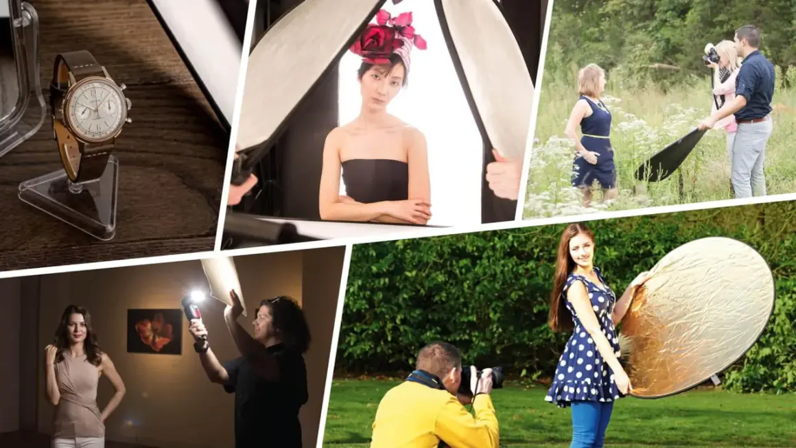 Collage showing how to use bounce lighting with reflectors and diffusers for product and portrait photography.