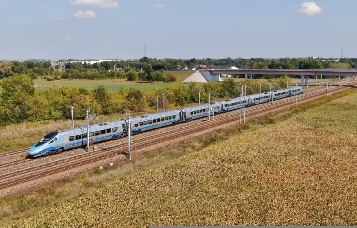 Nowoczesny pociąg Pendolino pędzi po magistrali kolejowej, mijając pola kukurydzy i zielone drzewa.