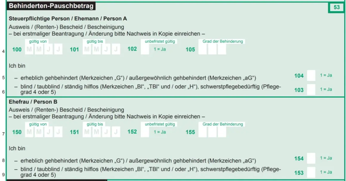 Formular zur Beantragung eines Behinderten-Pauschbetrags. Felder für den Grad der Behinderung und Angaben zur Person A und B.