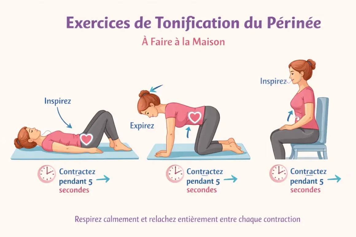 Trois exercices pour tonifier le plancher pelvien : allongée, à quatre pattes et assise. Inspirez, expirez, contractez 5 secondes.