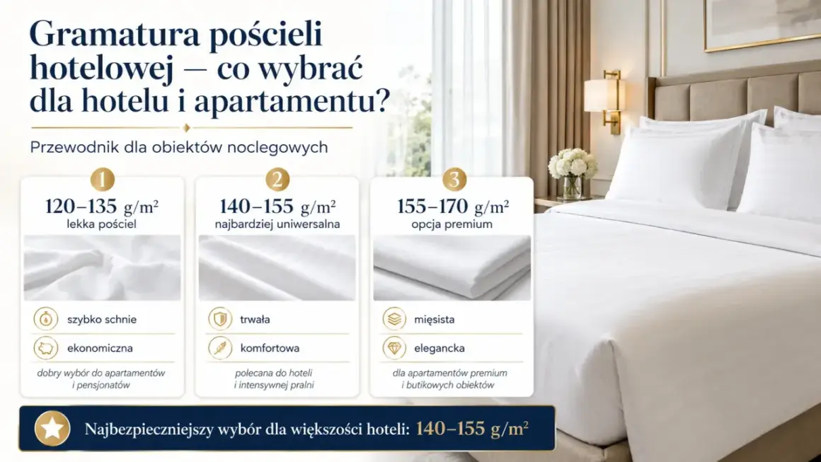 Przewodnik po gramaturze bawełny pościeli hotelowej: lekka (120-135 g/m²), uniwersalna (140-155 g/m²) i premium (155-170 g/m²).