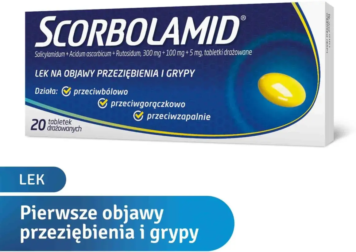 Opakowanie leku Scorbolamid na pierwsze objawy przeziębienia i grypy. Działa przeciwbólowo, przeciwgorączkowo i przeciwzapalnie.