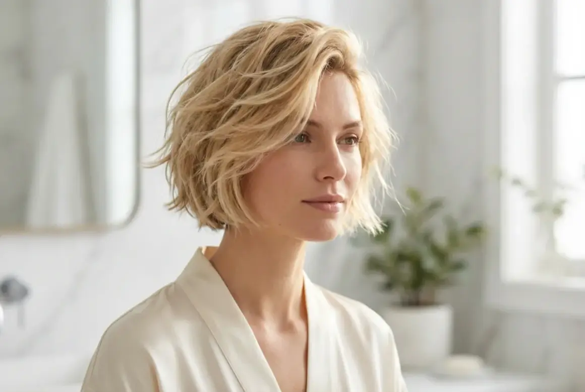 Kvinna med blont, texturerat kort hår som ser ut att vara stylat för en avslappnad men chic look.