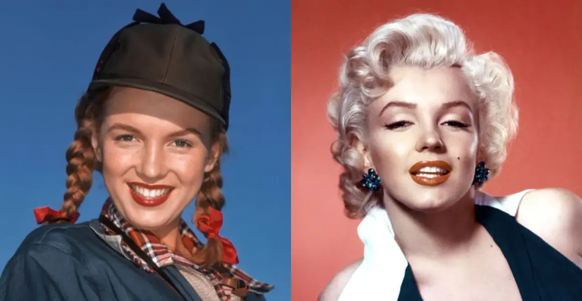 Marilyn Monroe ung med flätor och keps, bredvid en mer glamorös Marilyn Monroe med lockigt hår och stora örhängen.