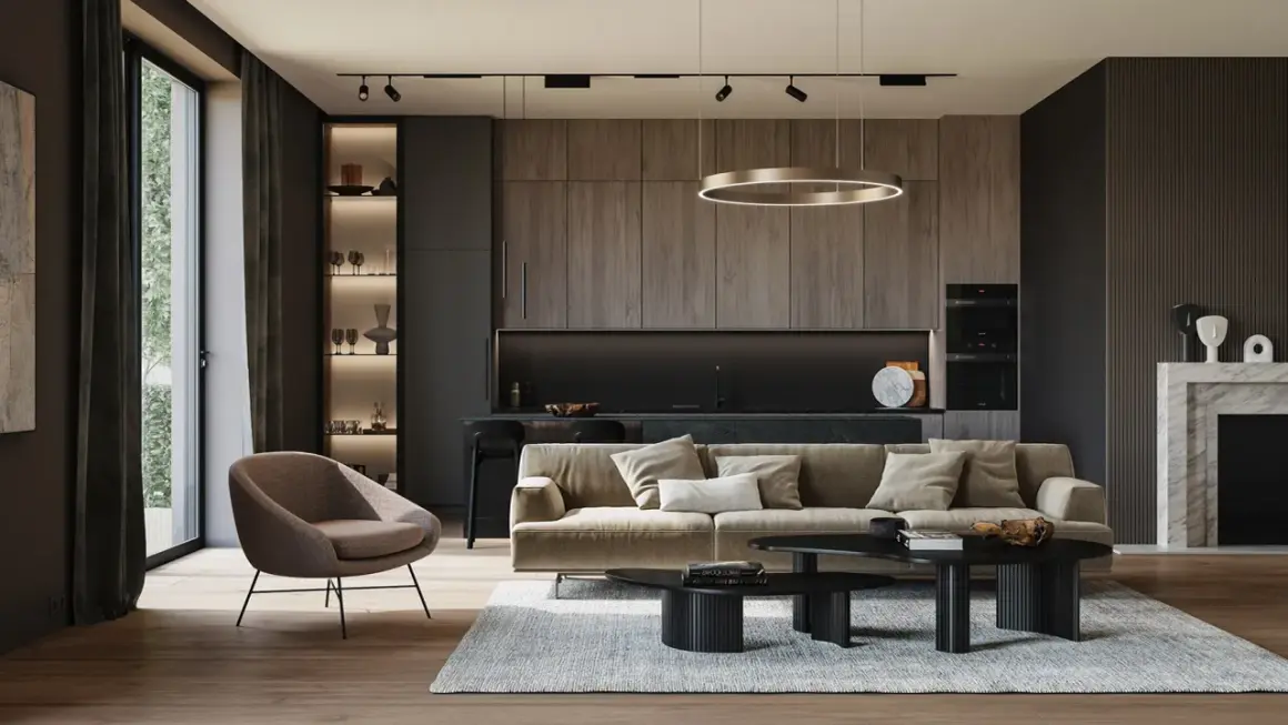 Nowoczesny salon z kuchnią, gdzie polski producent oświetlenia podkreśla elegancję wnętrza.