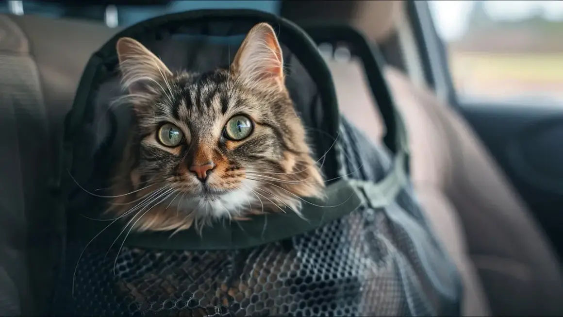 Un chat tigré aux grands yeux verts est dans un sac de transport pour un transport en voiture longue distance.