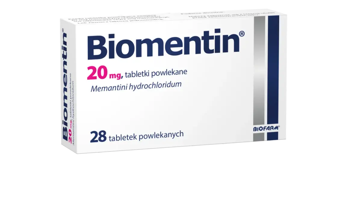 Opakowanie leku Biomentin 20 mg, zawierające 28 tabletek powlekanych z memantyny chlorowodorkiem.