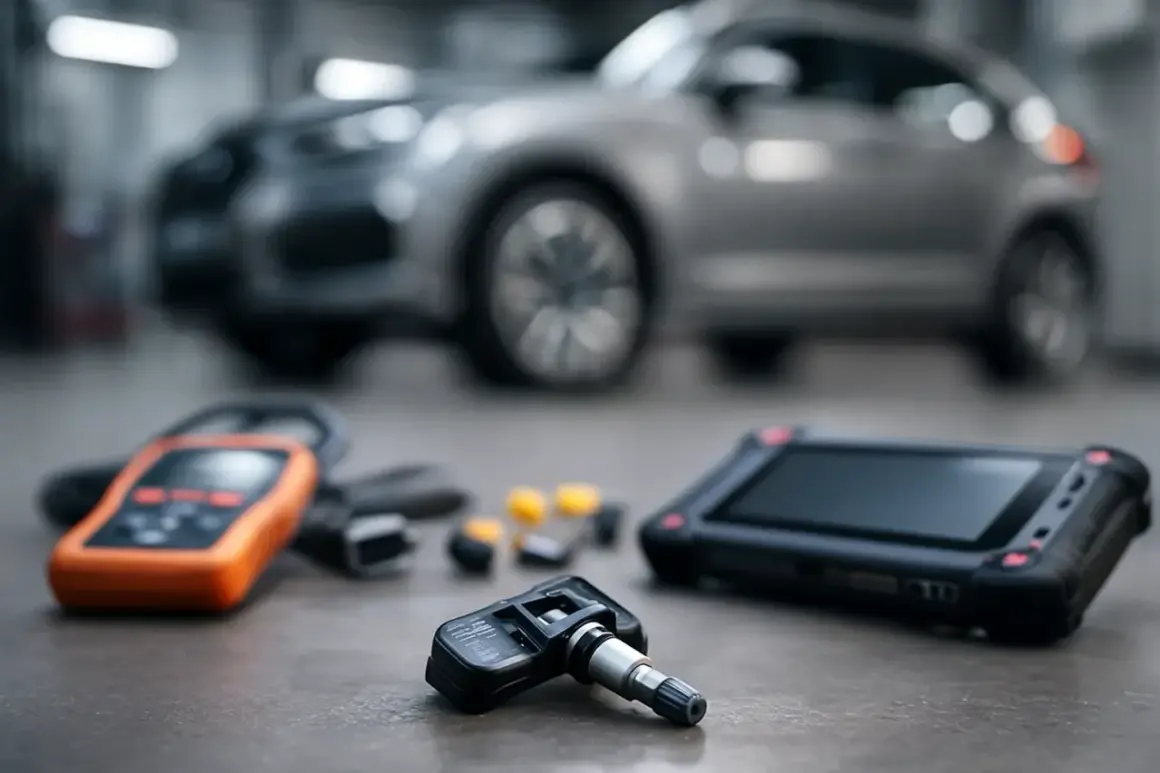 Outil de diagnostic pour réinitialiser pression pneu Clio 4. Capteur TPMS et appareil de programmation sur fond de voiture.