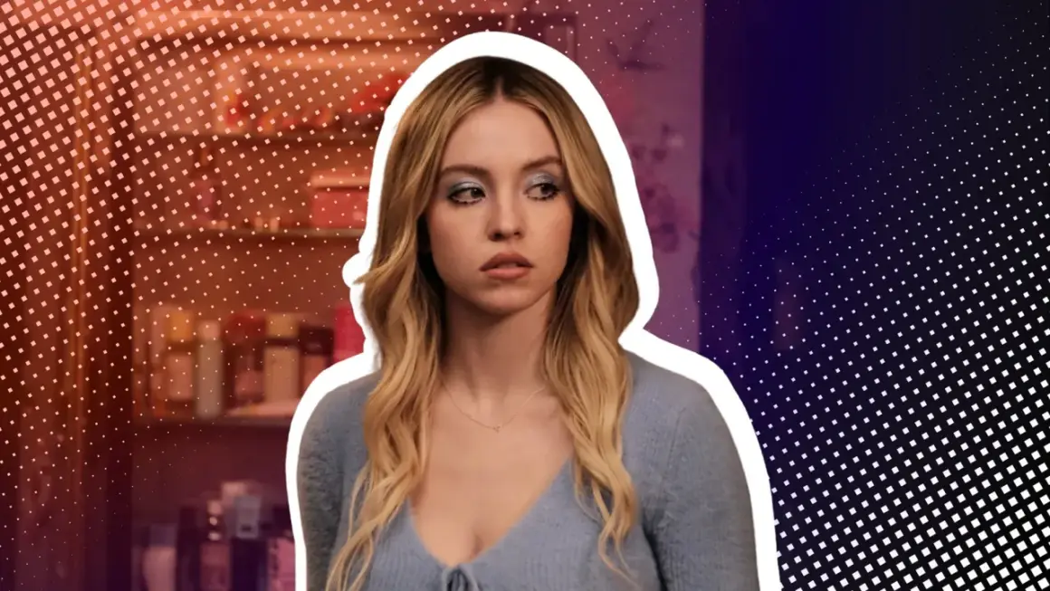 Sydney Sweeney in einem blauen Pullover, bekannt aus Serien wie Euphoria. Ihr Blick ist nachdenklich, während sie vor einem stilisierten Hintergrund steht.