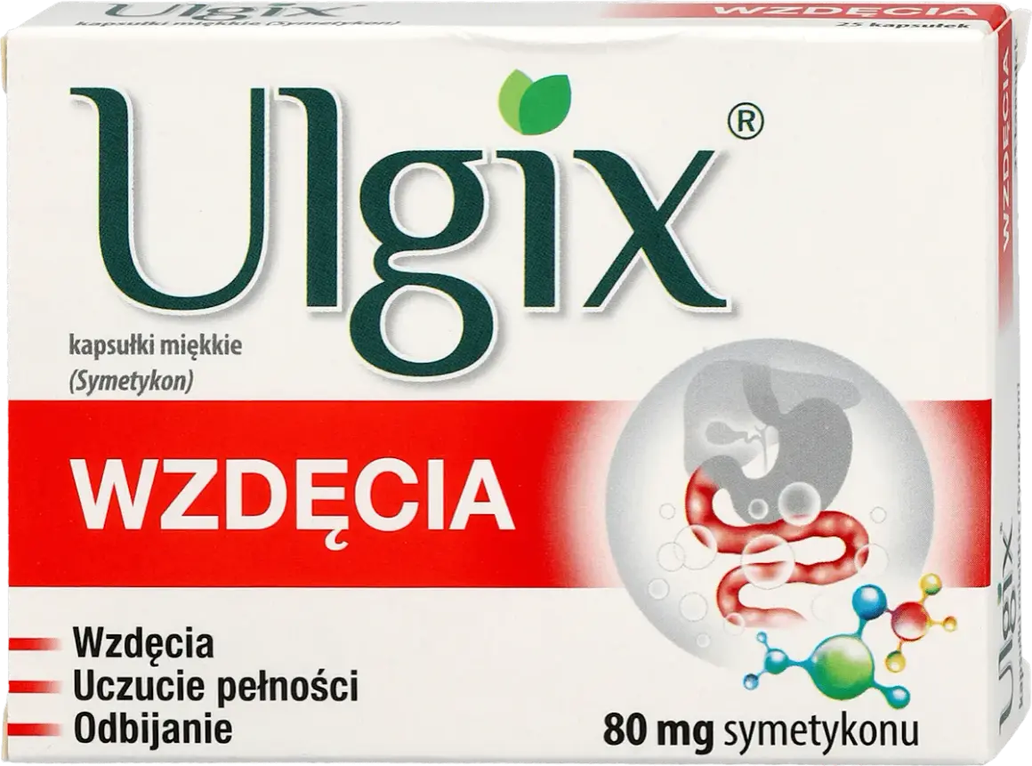 Opakowanie leku Ulgix na wzdęcia, z grafiką układu pokarmowego i molekułą symetykonu.