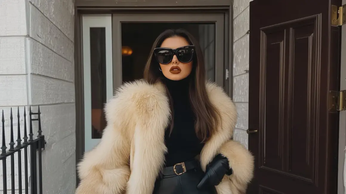 En kvinna med en lyxig pälsjacka och solglasögon, redo att möta dagen med en klassisk mob wife look.