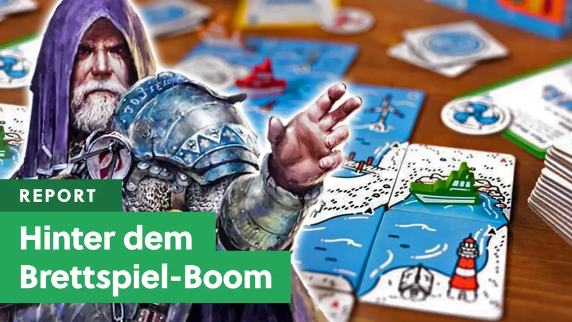 Ein Ritter mit Kapuze und Rüstung blickt auf bunte Karten mit Schiffen und Leuchttürmen. Ein Bericht über den Kickstarter-Brettspiele-Boom.